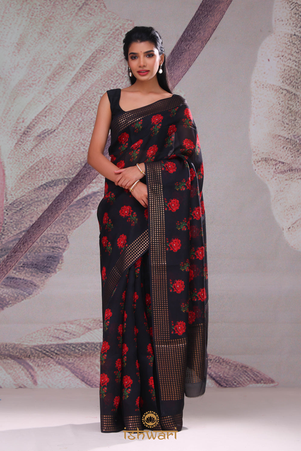 Deep Black Floral Print Bailou Saree