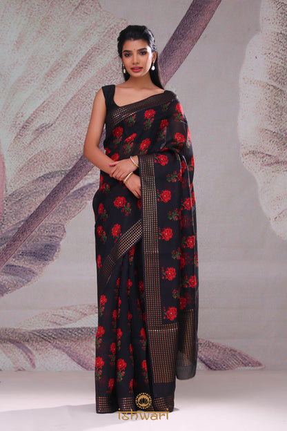 Deep Black Floral Print Bailou Saree