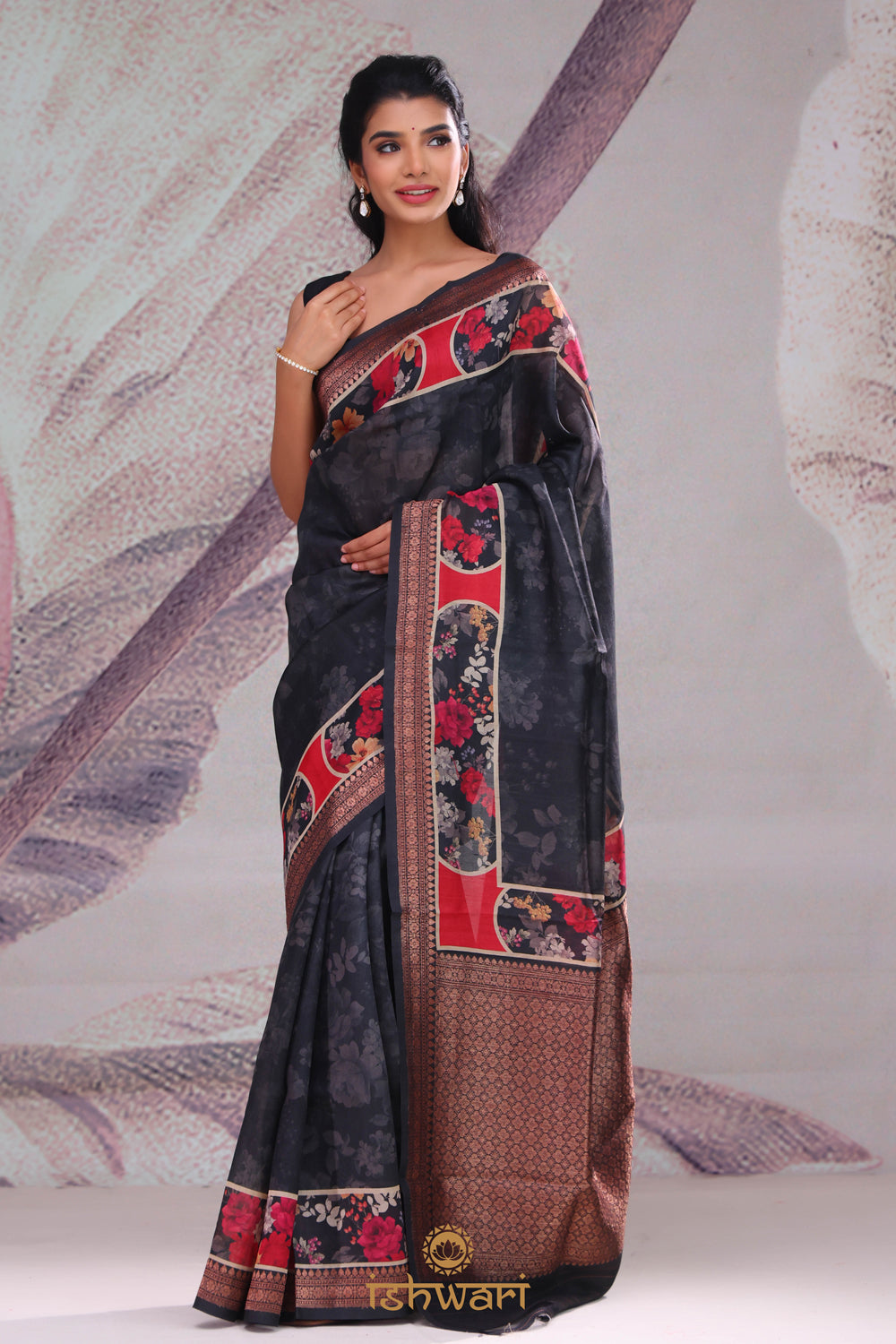 Midnight Black Floral Printed Tussar Saree