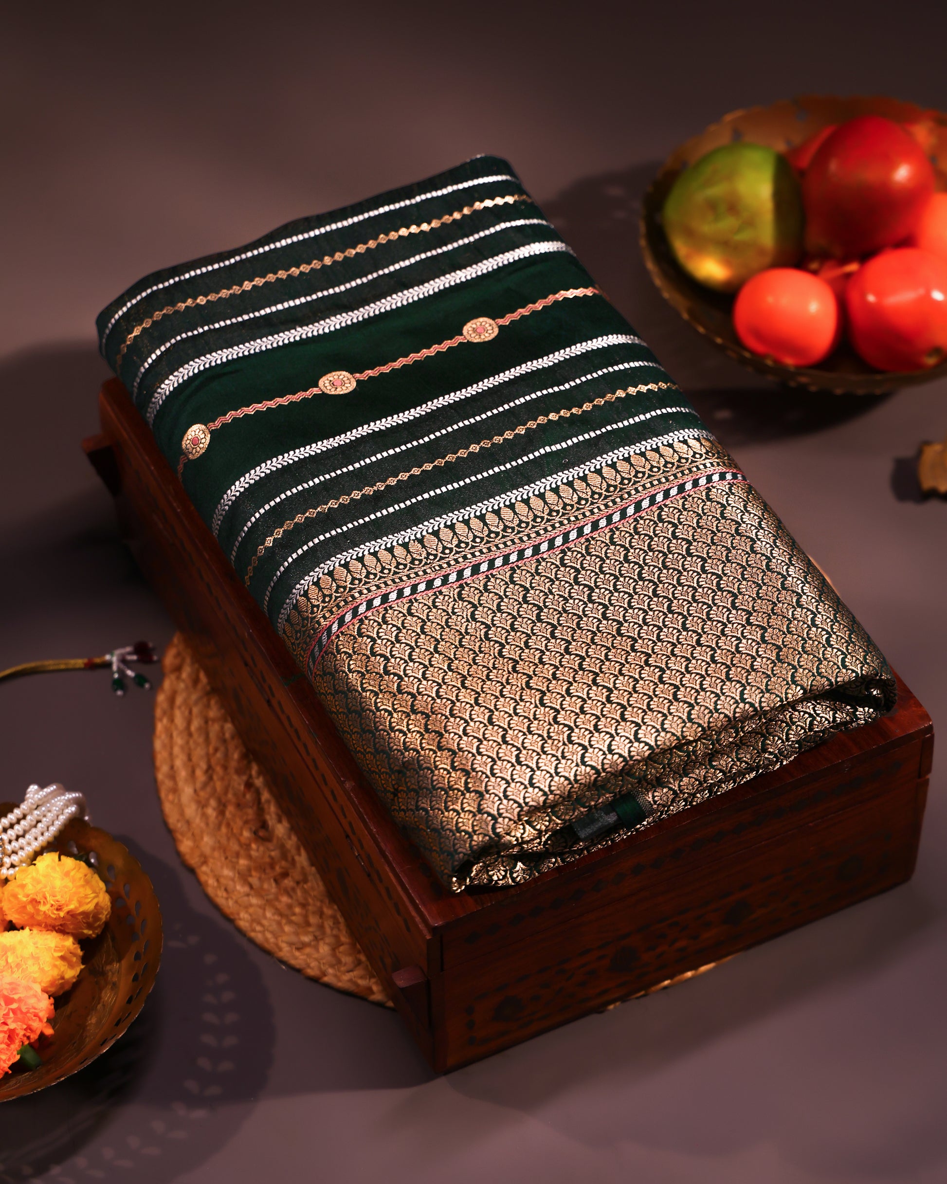 Deep Green Striped Banarasi Katan Satin Saree