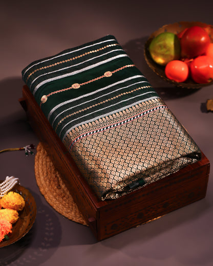 Deep Green Striped Banarasi Katan Satin Saree