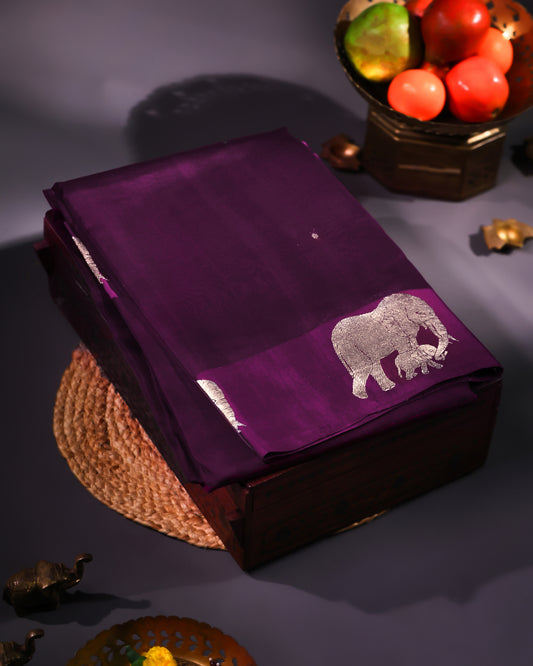 Palatinate Purple Banarasi Goergette Satin Saree with Elephant Border