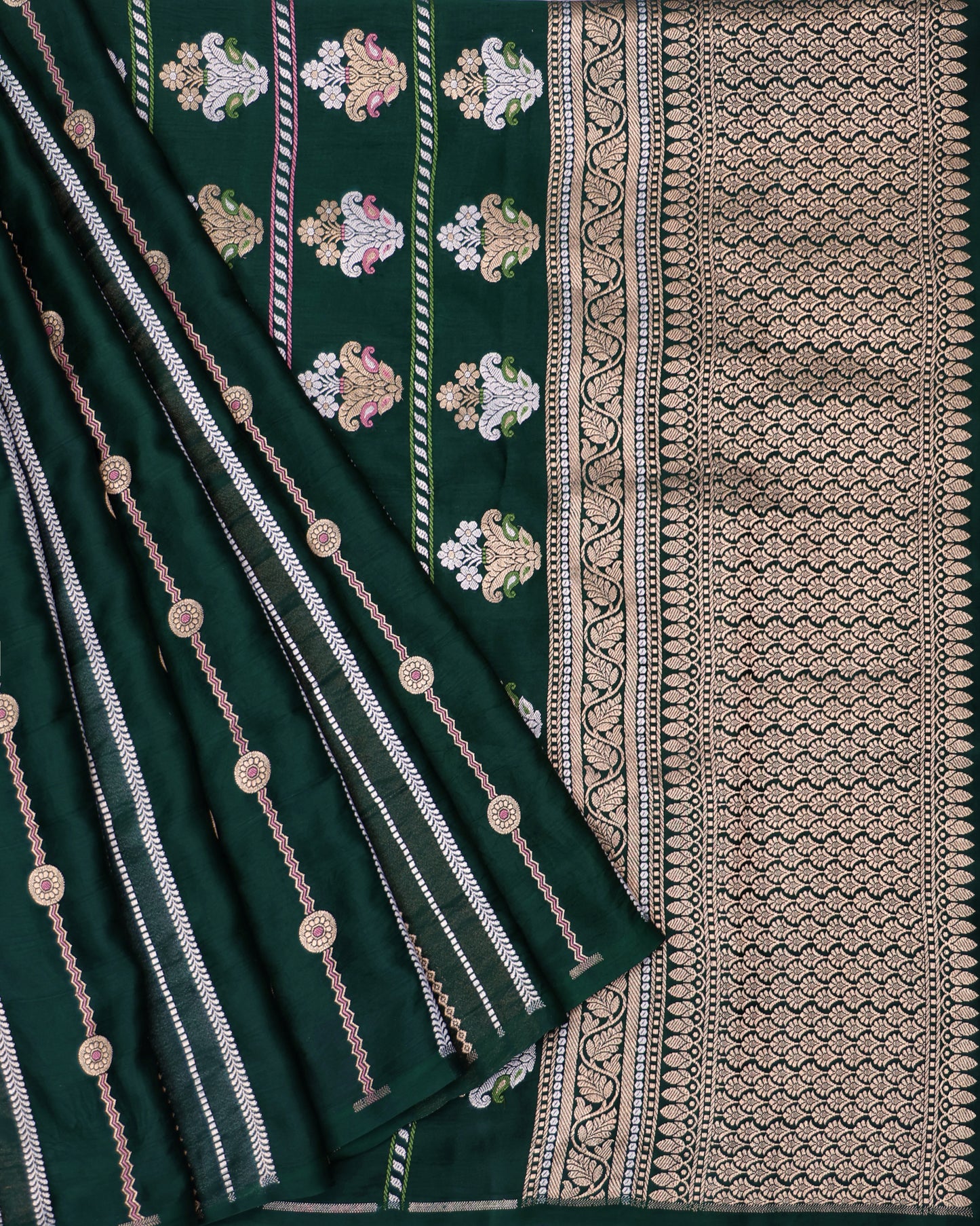 Deep Green Striped Banarasi Katan Satin Saree