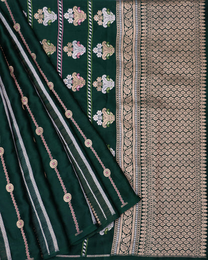 Deep Green Striped Banarasi Katan Satin Saree