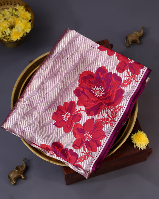 Wine Purple Banarasi Silk Saree with Floral Border