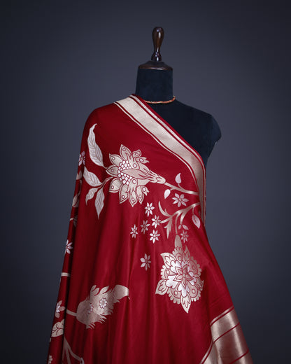 Red Designer Banarasi Katan Satin Saree with Floral Patterns