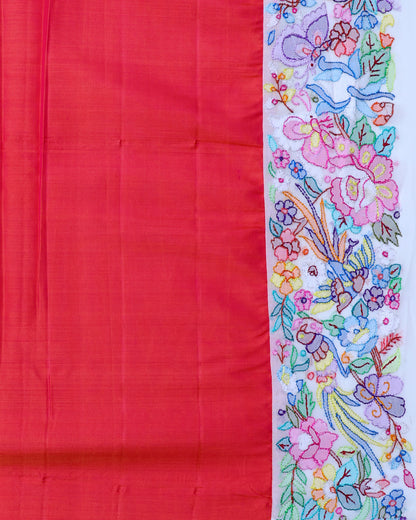 Prismatic Red Lehriya Silk Saree with Parsi Border