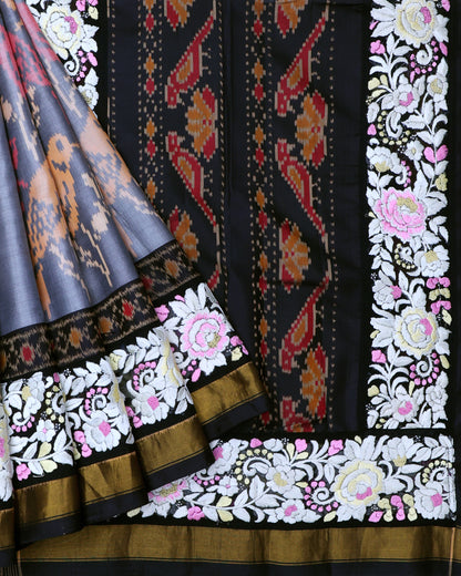 Grey Ikkat Silk Saree with Petite Point Border