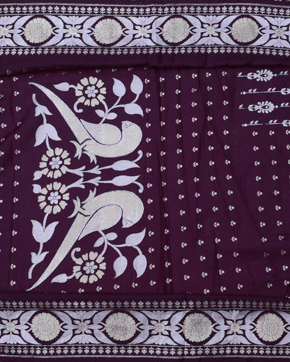 Wine Purple Banarasi Silk with Gold & Silver Stripes