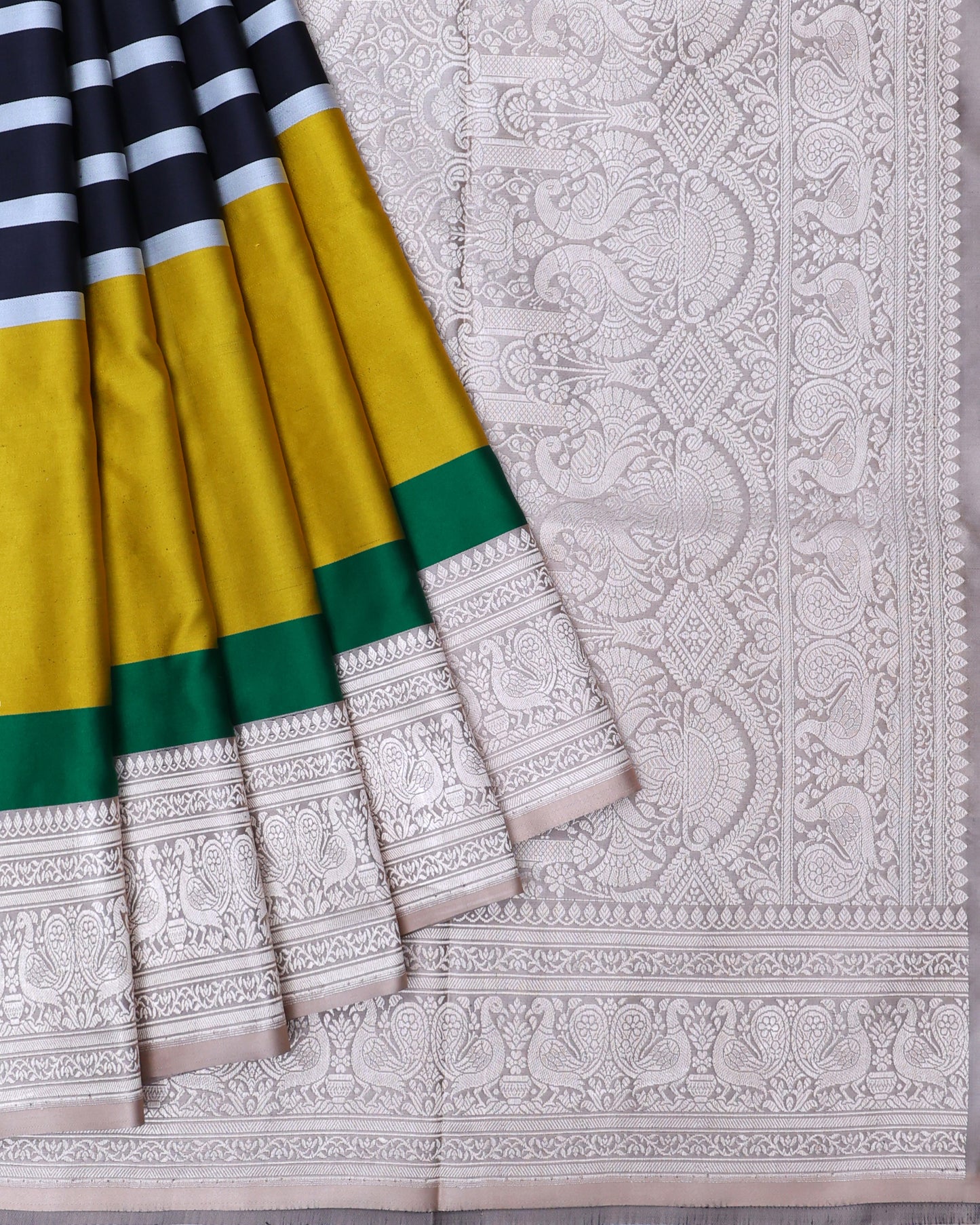 Black & White Striped Banarasi Katan Satin Saree with Handloom Zari
