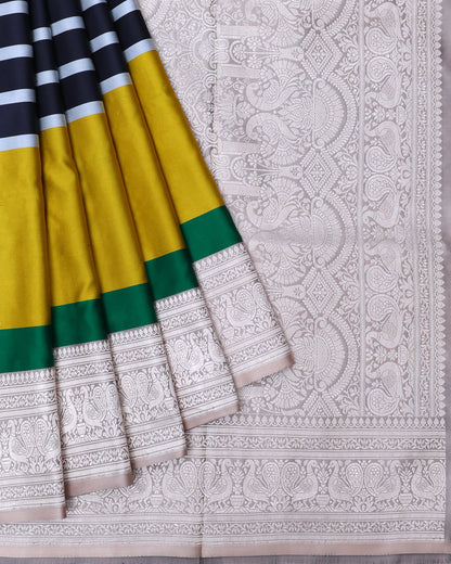 Black & White Striped Banarasi Katan Satin Saree with Handloom Zari
