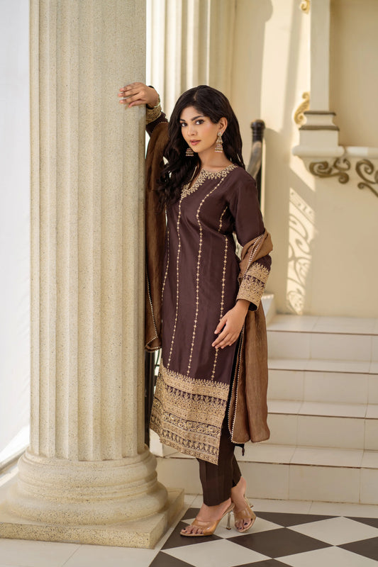 Shop embroidered brown kurta set online – exclusive festive collection by House of Ishwari
