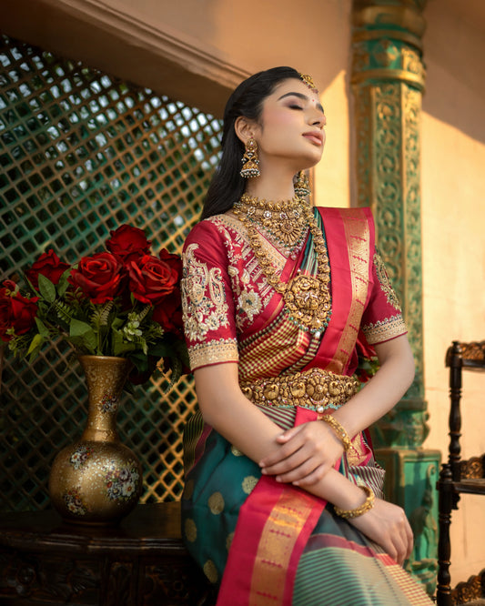 Shop teal green and red Kanjivaram silk saree with golden zari – bridal collection by House of Ishwari