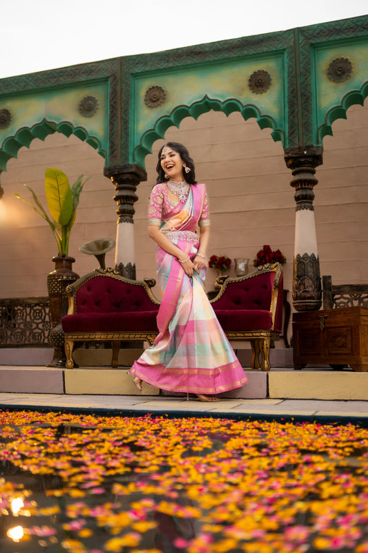 Shop pastel Kanjivaram silk saree with pink zari border – bridal collection by House of Ishwari