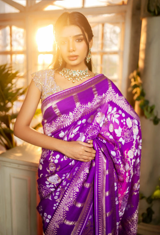 Royal purple Kora Katan Moonga saree with zari motifs and borders – House of Ishwari