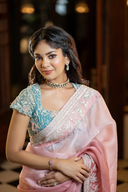 Pink ombre organza saree with thread embroidery – House of Ishwari