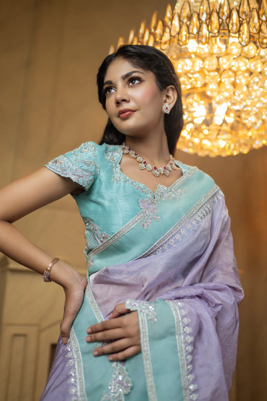Lavender tissue saree with aqua embellished border and matching blouse – House of Ishwari