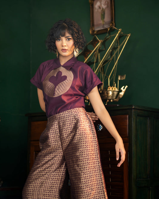 Shop deep wine motif top with Banarasi palazzo pants – festive ethnic wear by House of Ishwari
