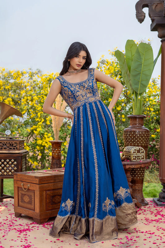 Royal blue Anarkali gown with golden embroidery and brocade border – House of Ishwari