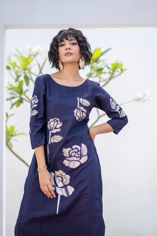 Shop navy blue kurta set with Banarasi woven floral motifs – subtle ethnic elegance by House of Ishwari