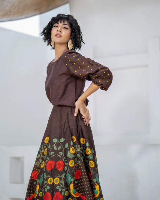  Brown printed co-ord set with full sleeve top and floral flare skirt – House of Ishwari