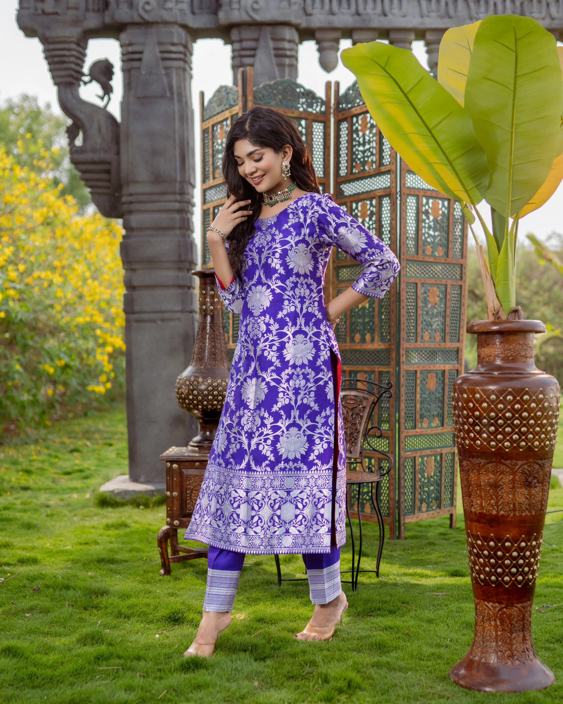 Bold and beautiful purple kurta set with silver woven work – ideal for pujas and celebrations