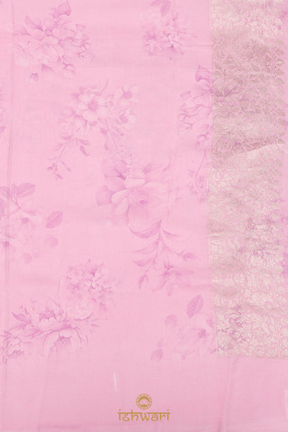 Corfu Pink Floral Print Banarasi Silk Saree