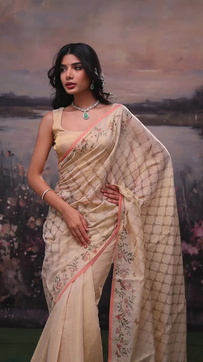 Almond Brown Printed Mul Cotton Saree
