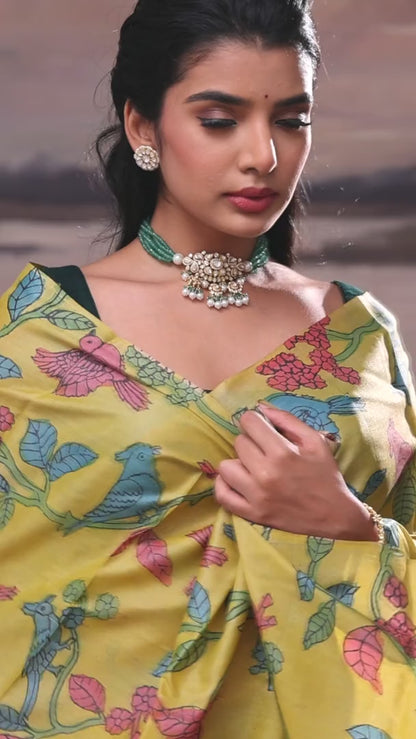 Greenish Yellow Handloom Kalamkari Saree
