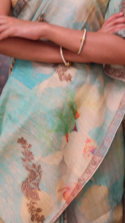 Powder Blue Print Handloom Linen Saree