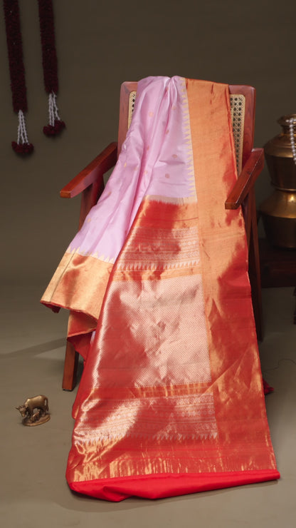 Soft Pink Gadwal Silk Saree with Orange Tissue Kanchi Border