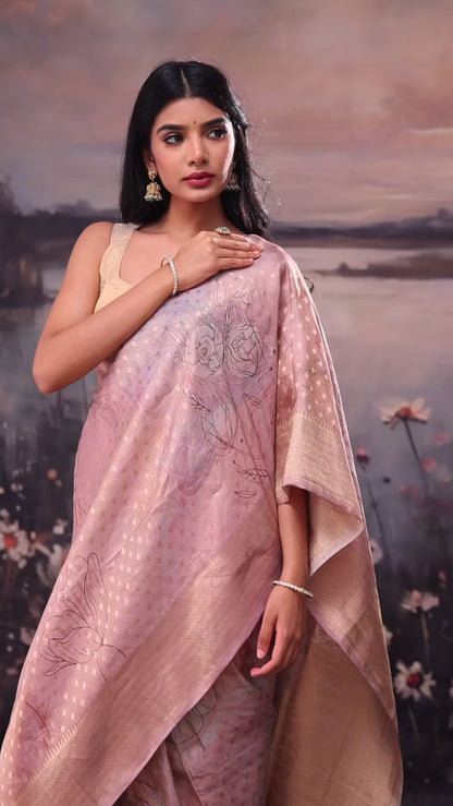 Turkish Pink Floral Banarasi Tissue Saree