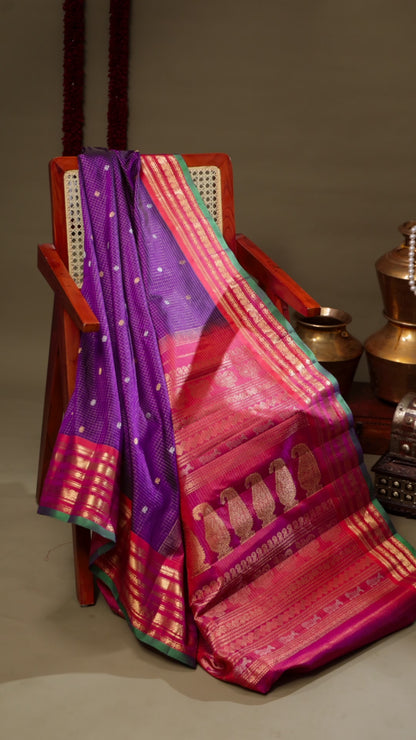 Purple Checks Gadwal Silk Saree with Pink Border and Green Selvedge