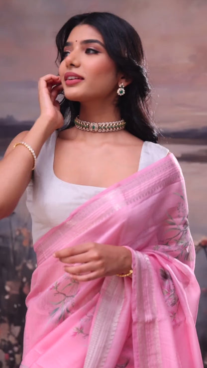 Lace Pink Printed Handloom Linen Saree