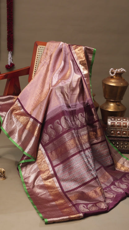 Light Peach Brocade Gadwal Silk Saree with Maroon Border and Green Selvedge