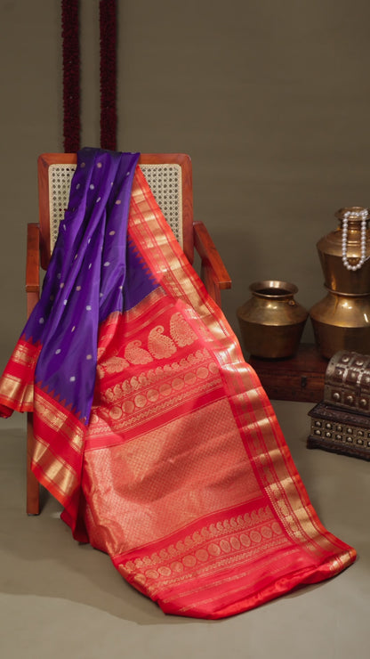 Purple Gadwal Silk Saree with Red Zari spacing Border