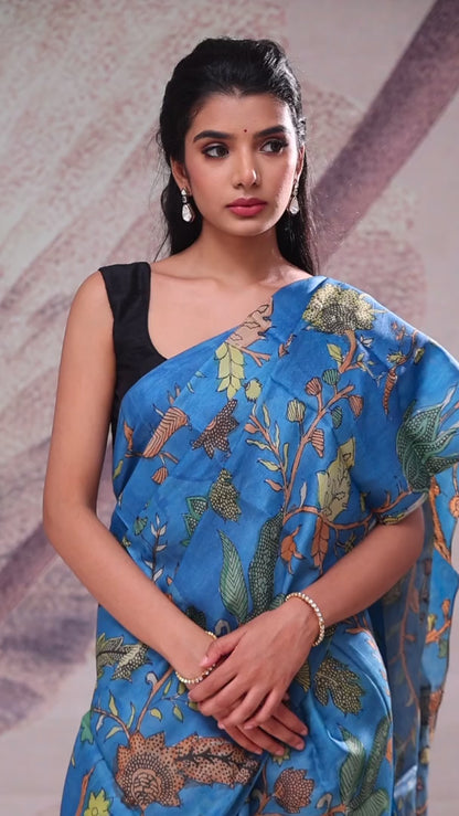 Capri Blue Handpainted Kalamkari Silk Saree