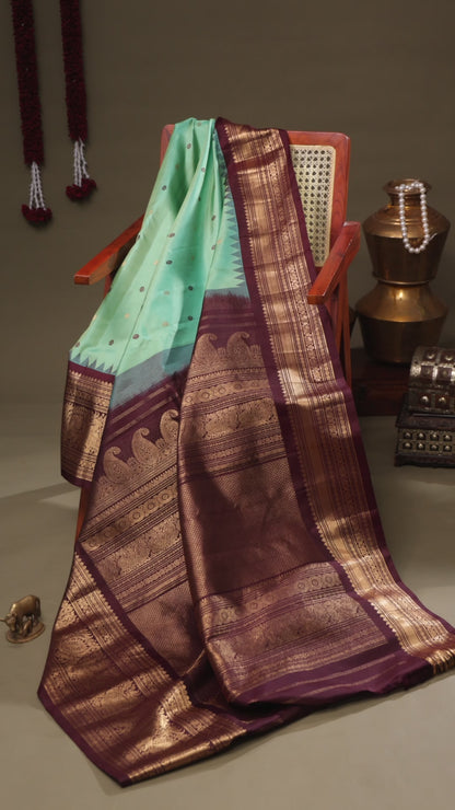 Aqua Green Gadwal Silk Saree with Coffee Brown Border and Zari Weave