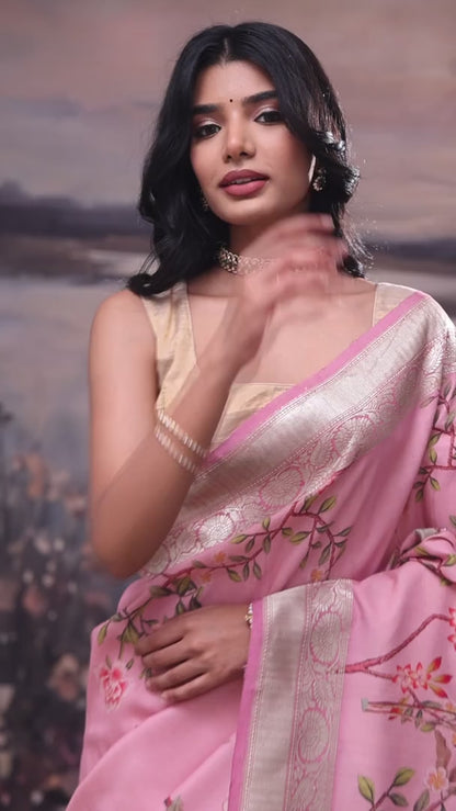 Carnation Pink Floral Print Banarasi Tussar Saree