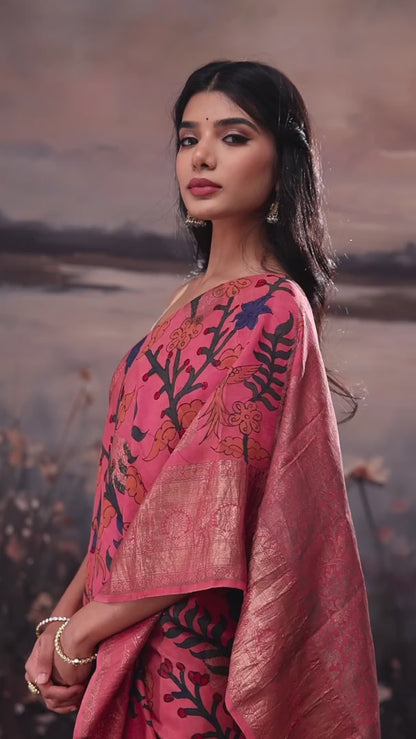 Punch Pink Gadwal Kalamkari Saree