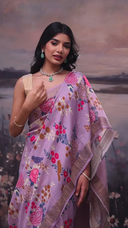 Mauve Printed Handloom Moonga Saree