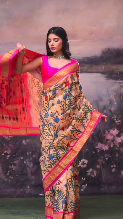Sand Yellow Kalamkari Paithani Saree