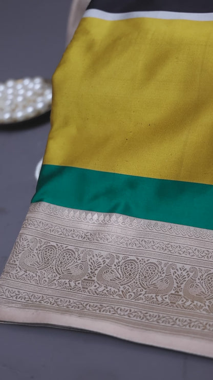 Black & White Striped Banarasi Katan Satin Saree with Handloom Zari