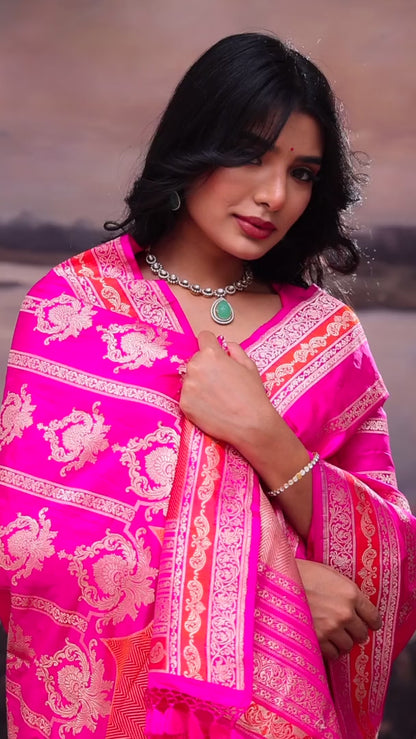 Hot Pink Stripes Banarasi Silk Saree