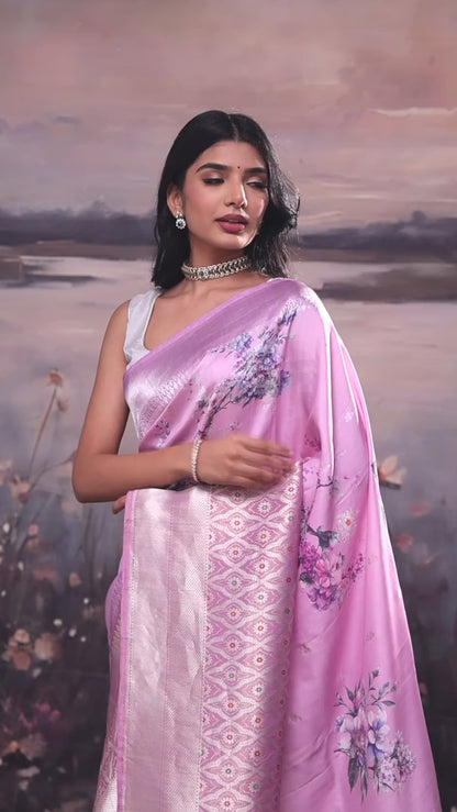 Lilac Floral Print Banarasi Silk Saree