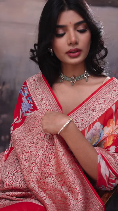 Raspberry Red Printed Georgette Banarasi Saree
