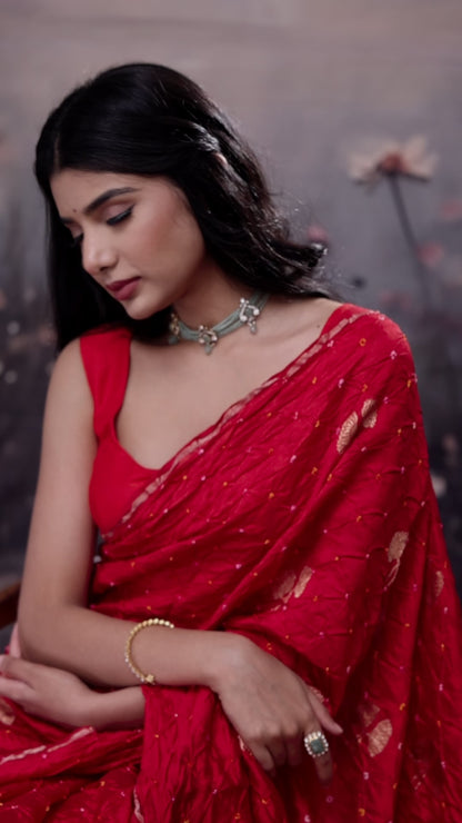 Deep Red Bandhej Saree with Ikkat Blouse