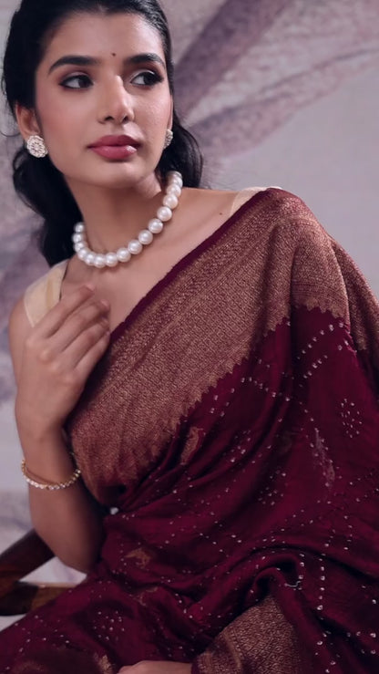 Brown Coffee Bandhej Saree with Gold Kaddi Border