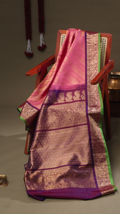 Pink Gadwal Silk Saree with Purple Zari Border and Green Selvedge