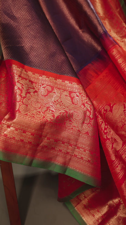 Brown Gadwal Brocade Silk Saree with Orange Zari Border and Green Selvedge